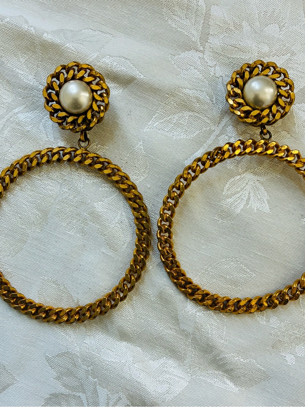 Vintage CHANEL XXL Chain Hoop Faux Pearl Earrings